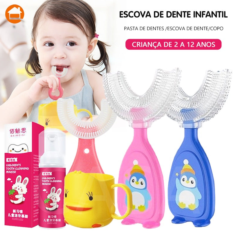 Escova de dente infantil formato u 360 graus